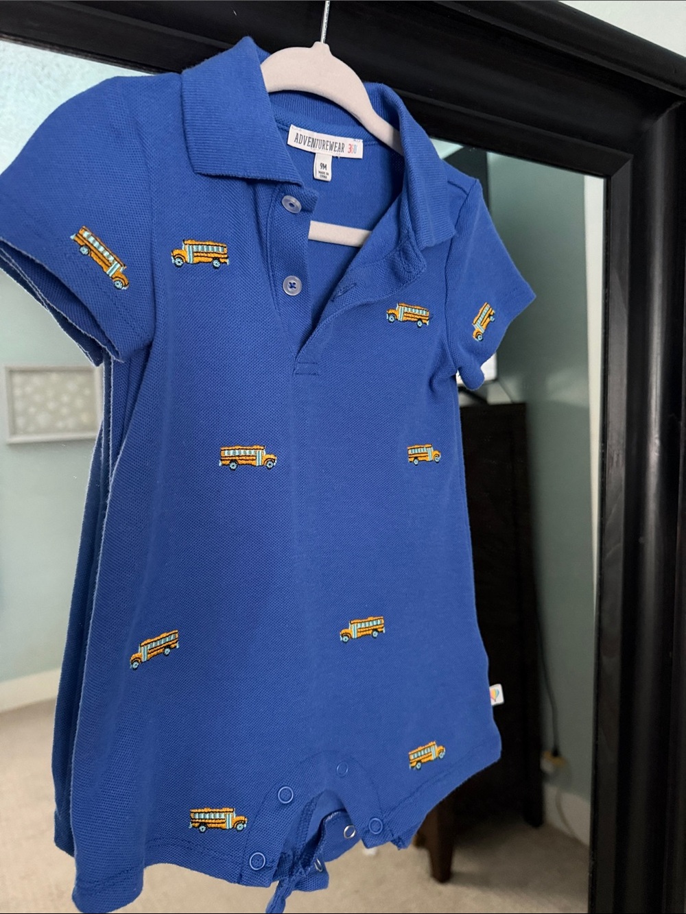 Blue school bus onsie